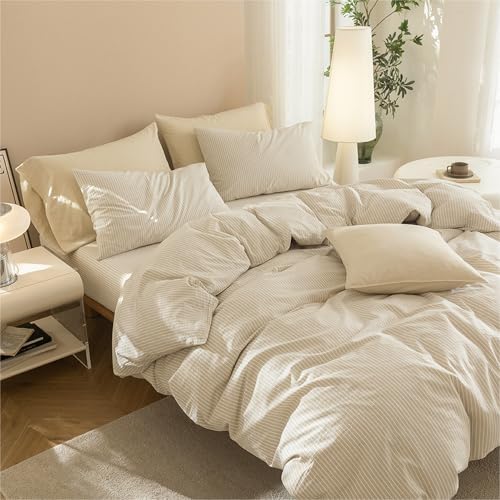 JIYUAN Super King Washed Cotton Duvet Cover Set, Linen-Like Pinstripe