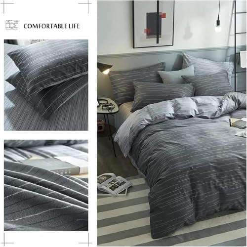 mixinni Full Size Comforter Set for Teen Modern Geometric Boys Grey Striped Printed Comforter Set Men Boys for All Season, 1 Soft Fluffy Comforter and Two Pillowcases-Full Size