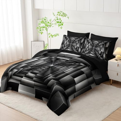 7 Piece Black and White Checkered Comforter Set King，Geometric Bedding Set Boys，Geometric Bedroom Decor，(1 Comforter, 1 Flat Sheet, 1 Fitted Sheet, 2 Pillowcase and 2 Pillow Sham)