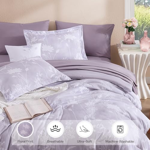 BLOOMHAVEN Queen Comforter Set-7 Pieces Purple Floral Bed in a Bag Queen