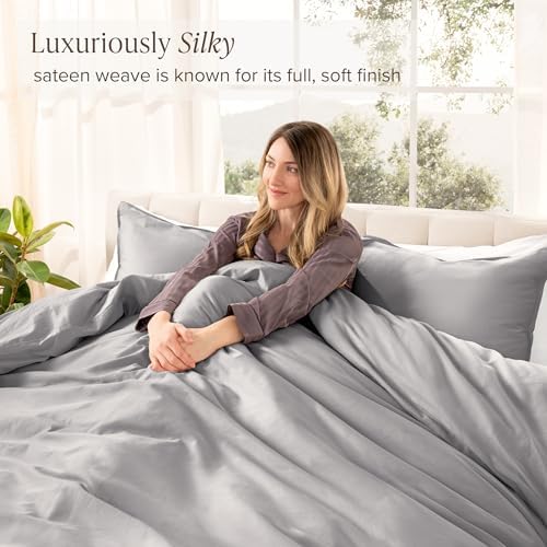 Bare Home 100% Organic Cotton Sateen Duvet Cover Set (Full, Light Grey)