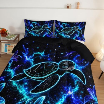 HOSIMA Neon Galaxy Sea Turtle Comforter Twin for Boys with 2 Pillowcases.
