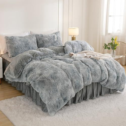 Andency Tie-Dyed Gray White Queen Comforter Set, Fluffy Faux Fur Bed Set