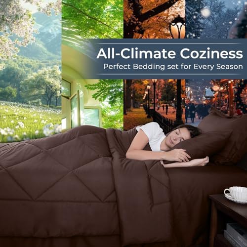 HEVUMYI 7-Piece California King Comforter Set, Brown Bed in a Bag
