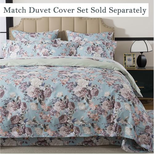 FADFAY Floral Sheets Set Queen Size, 100% Cotton Bed Sheets 4 Pcs with Deep Pocket Fitted Sheet, Dusty Blue Vintage Botanical Bedding, Soft Crisp & Breathable Sheets for All Seasons