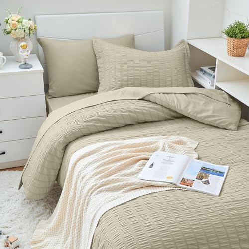 HYMOKEGE Light Linen Twin Comforter Set Seersucker 5 Pieces, All Season Luxury Bed in a Bag for Bedroom, Bedding Set with Comforter, Sheets, Pillowcase & Sham