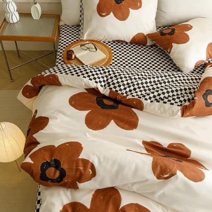 Wellboo Boho Floral Comforter Sets California King Pumpkin Sunflower Bedding Set Cal King White and Pumpkin Botanical Bed Brown Floral Quilts Large Flower Plant Blankets Watercolor Flower Bohemian Bed