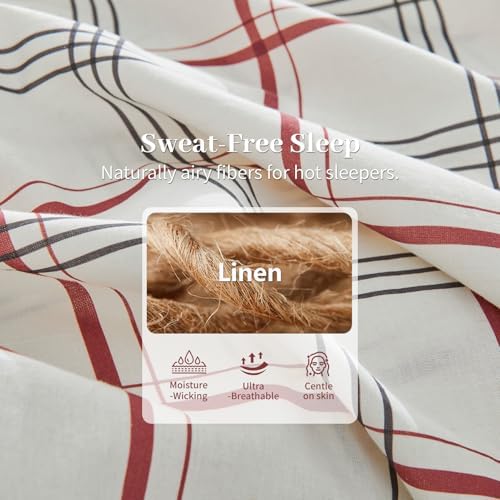 MEISHANG 100% French Pure Linen Sheets Queen Size - Bed Sheets 4 Piece Sets, Soft Durable Flax Linen, Anti-Tear Breathable Moisture Wicking with 16" Deep Pocket (Red Plaid)