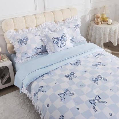 ADASMILE A & S Blue Bow Bedding Twin Size for Girls Kids Ruffle Bedding Set