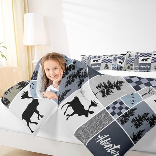 Deer Antler Comforter Set Twin Size,Bear Rustic Farmhouse Adventure Bedding Set for Kids Boys Girls Adults Room Decor,Pine Trees Plaid Patchwork Down Comforter,Blue Xmas Duvet Insert,1 Pillowcase
