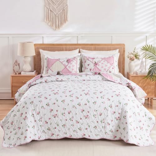 Alaskan King Quilt Set Pink Floral Patchwork Oversized King Bedspreads Set