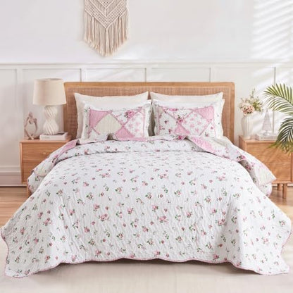 VIVILINEN King Size Quilt Set Pink Floral Patchwork Bedspread Coverlet Set