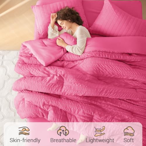 MUXHOMO 7 Pieces Full Comforter Set, Seersucker Bed in a Bag Full Size, All Season Luxury Bedding Set with Comforter, Flat Sheet, Fitted Sheet, Pillowcases & Shams, Hot Pink