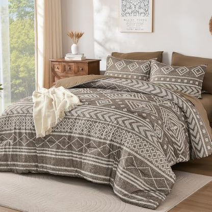 Yiran Boho Comforter Set Queen Size, 7 Pieces Aztec Brown Bed in a Bag