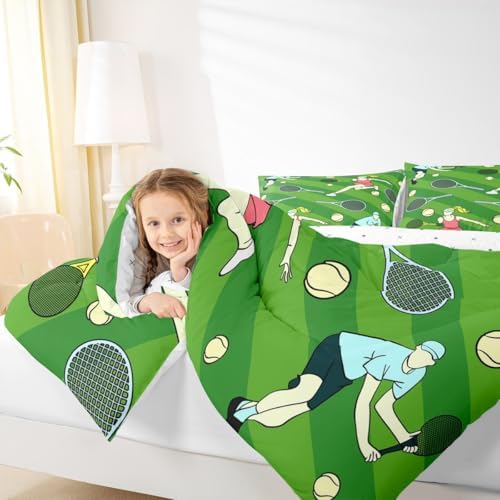 Castle Fairy Tennis Comforter Set Toddler Size for Kids Abstract Cartoon Athlete Bedding Sets All Season Tennis Racket Balls Quilt Set Bedroom Decor Green Geometric Stripes Down Comforter,2Pcs