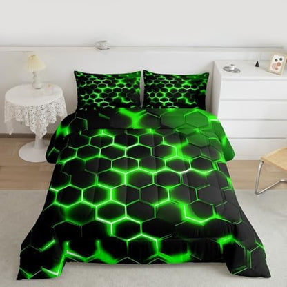 Erosebridal Geometric Comforter Set Full Size,Teen Boys Green Black Neon Light Honeycomb Bedding Sets,Hexagon Comforter Modern Fashion Quilted Duvet 2 Pillow Cases Home Room Decor