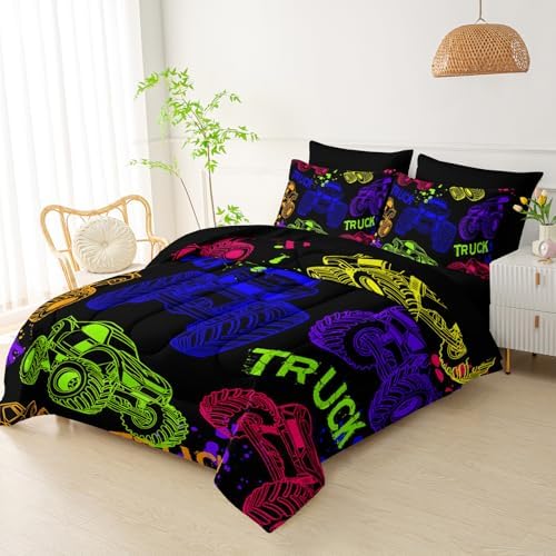 QOOMO Black Truck 7 Pieces Comforter Set Queen,Cars Bedding Set for Kids