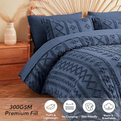 MR&HM 7 Pieces Comforter Set Full, Tufted Boho Farmhouse Bed Set Navy Blue