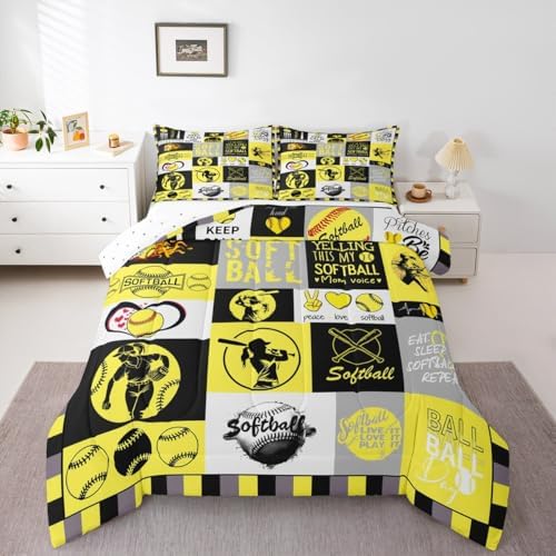 Castle Fairy Softball Plaid King Size Comforter Set Kids Sports Theme Decor All Season Bedding Set for Girls Teens Yellow Black Gray Comforter Sports Softball Decor Quilt Set Bedroom Collection 3Pcs
