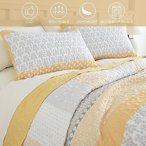 WONGS BEDDING Yellow King Size Quilt Set,Boho Striped Patchwork Bedspread