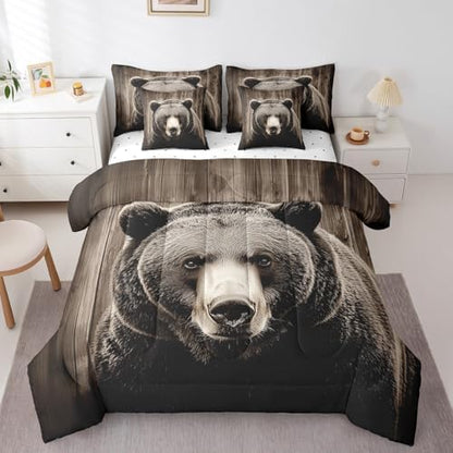 Erosebridal 3D Grizzly Bear Twin Bedding Set 7 Piece Vintage Brown Bear Comforter Set Rustic Hunting Animal Bed in a Bag Rural Wooden Board Quilt with Flat Fitted Sheet Western Cabin Bedroom Decor