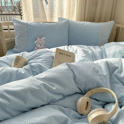 mixinni Blue Gingham Duvet Cover King Size - 3 Piece Cottagecore Plaid Bedding Set with Lace Trim, Soft Washed Microfiber Vintage Aesthetic Grid Comforter Cover & Pillow Shams, (Blue White Gingham)