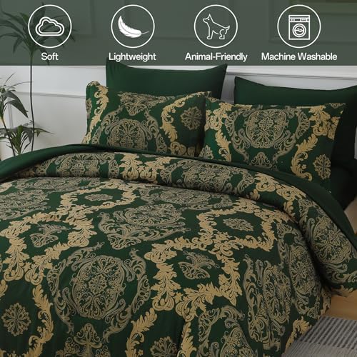 WONGS BEDDING Green Damask King Size Comforter Set, 7 Piece Texture Microfiber Comforter Bedding Set for All Season, Bed in a Bag with Comforter, Flat Sheet, Fitted Sheet, Pillowcases & Shams