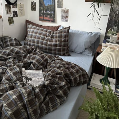 mixinni Vintage Buffalo Plaid Duvet Cover Set California King, 3 Piece Washed Cotton Bedding Set with Grid Pattern, Soft & Breathable Duvet Cover with Pillowcases for All Seasons,(Brown & Blue,Beige)