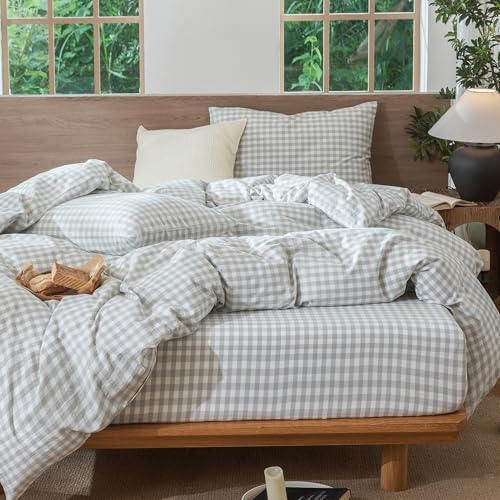 MooMee Gingham Duvet Cover Set 100% Washed Cotton Linen Like