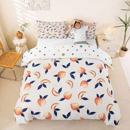 Erosebridal Peach Comforter Cover Set Full for Girls Women Kids Cute Cartoon Fruit Printed Reversible Duvet Cover Stripe Decor Simple Soft Microfiber Polyester Bedding Set, Zipper, 3 Pieces