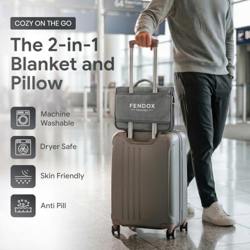 2-in-1 Travel Blanket and Pillow – Lightweight, Compact, Ultra Soft, Machine Washable – Handle, Luggage Sleeve, Backpack Clip – for Travel Airplane, Car, Office (Gray)