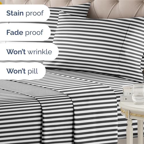 Full 4 Piece Striped Sheet Set - Breathable & Cooling - Black Pinstripe