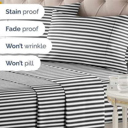 Full 4 Piece Striped Sheet Set - Breathable & Cooling - Black Pinstripe