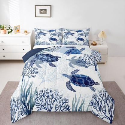 Erosebridal Turtle Comforter Set Queen White Blue Sea Turtle Bedding Set for Kids,Reptile Coastal Tortoise Quilt Hawaiian Beach Theme Comforter for Boys Girls Room