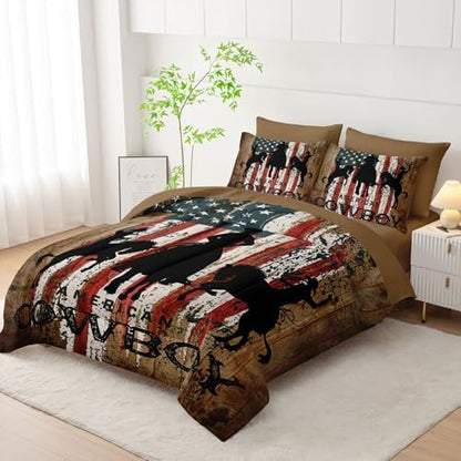 7Pcs Western Cowboy Comforter Set American Flag Printed Bedding Set with 1 Comforter, 1 Flat Sheet, 1 Fitted Sheet and 4 Pillowcases for Bedroom All Season(Cowboy Queen)