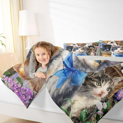 Cat Queen Comforter Set for Boys Girls Kids Kawaii Bedding Cute Animal Pet Kitten Comforter Lovely Kitten Puppy Down Comforter Cartoon Kawaii Dog Animal Design Toddler Bedroom Collection 3Pcs