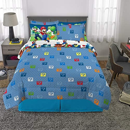 Super Mario Kids Bedding Set, Full Size 7 Piece Comforter and Sheet Set with Sham, (Officially Licensed Product) by Franco