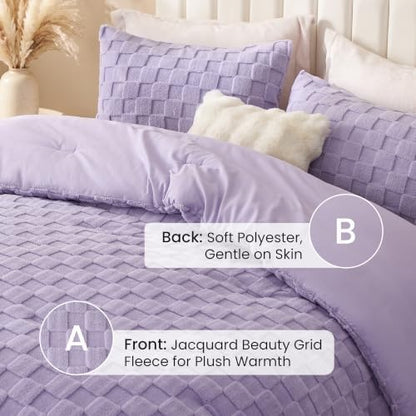 Love's cabin Fleece King Comforter Set, Fluffy Reversible Bedding, Lavender