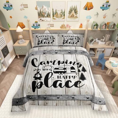 Happy Camping Comforter Set King Size,Wooden Plank Pine Trees Rustic Farmhouse Bedding Set 3pcs for Kids Boys Girls Adults,Camper RV Trailer Decor Down Comforter,Retro Duvet Insert,2 Pillowcases