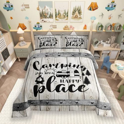 Happy Camping Comforter Set King Size,Wooden Plank Pine Trees Rustic Farmhouse Bedding Set 3pcs for Kids Boys Girls Adults,Camper RV Trailer Decor Down Comforter,Retro Duvet Insert,2 Pillowcases