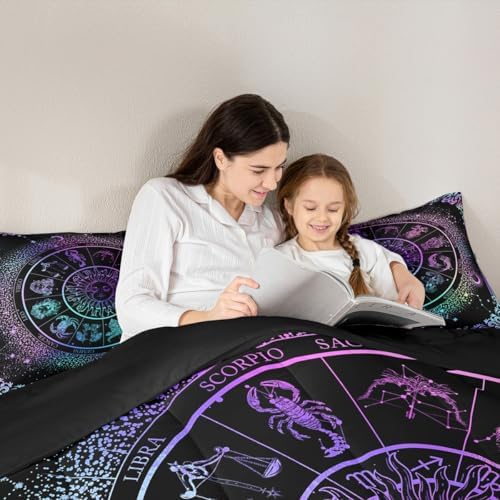 Sun and Moon Comforter Set Zodiac Signs Astrology Bedding Set Twin Constellations Galaxy Down Comforter Spiritual Gifts for Girls Teens Women,Trippy Leo Aquarius Quilt Duvet Set Purple Blue 2 Pcs