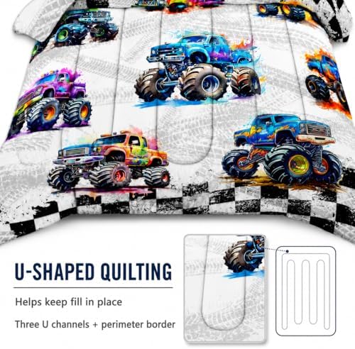AILONEN 3-Piece Colorful Monster Truck Bedding Set Full Size,Featuring Cartoon Trucks and Checkered Flag Pattern Comforter Set Perfect for Kids Rooms,1 Quilt with 2 Pillowcases,Soft Comfortable