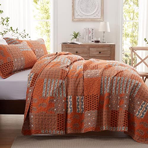 LEAONME 2 Pieces Twin Size Quilt Set Burnt Orange Rust Paisley Bedspread Coverlet Lightweight Microfiber Bedding Set 68x86 Inch Bed Cover for All Seasons (1 Quilt, 1 Pillow Sham)
