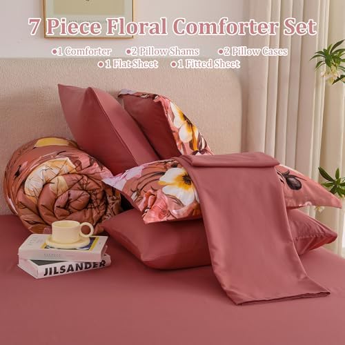 Luxudecor Floral Comforter Set Queen Size 7 Piece, Dusty Flower Bed in a Bag, Elegant Floral Comforter Bed Set with Sheet Set, Soft Microfiber Bedding Set for All Season (90"x90")