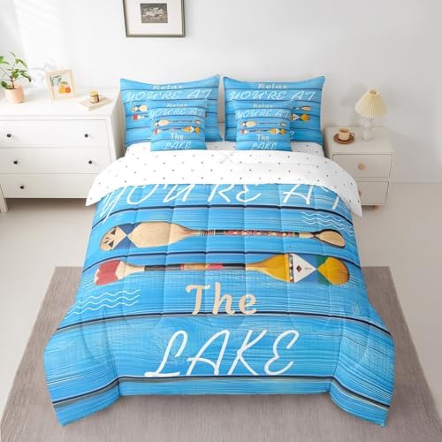 Erosebridal Lake Life Comforter Set Full Size,Hawaii Boat Paddle Bedding Set for Kids Teens,Rustic Farmhouse (Comforter+Fitted+Flat Sheet+2 Pillowcases+2 Throw Pillow Covers) 7 Pieces Bed Set