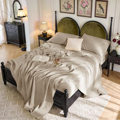 SONORO KATE 100% French Linen Queen Size Sheets Set,Natural Flax Bedding