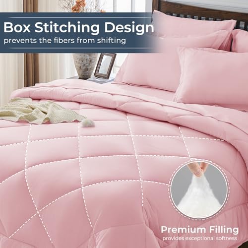 HEVUMYI 7-Piece King Comforter Set, Pink Bed in a Bag