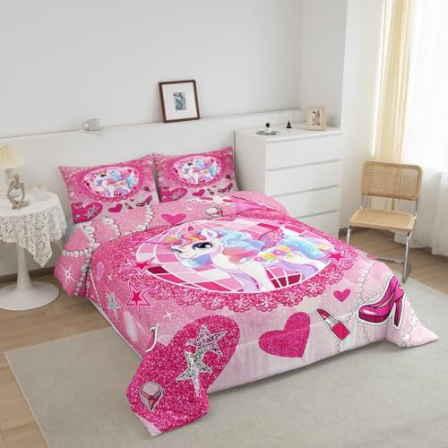 Cartoon Unicorn Kids Comforter Set King Size,Bowknot High-heeled Shoes Lip Romantic Bedding Set,Girls Women Room Decor,Stars Sparkling Princess Down Comforter,Pink Cute Duvet Insert,2 Pillowcases