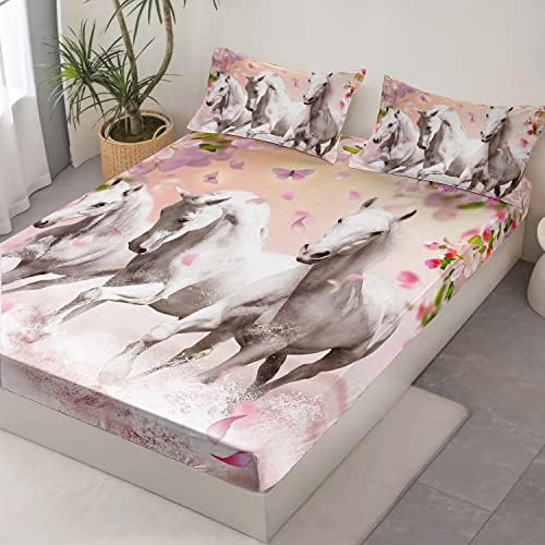 HOSIMA Floral Horse Fitted Sheet Full,1 Fitted Sheet+2 Pillowcases.
