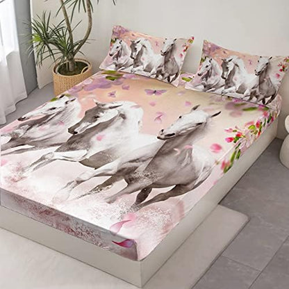 HOSIMA Floral Horse Fitted Sheet Full,1 Fitted Sheet+2 Pillowcases.